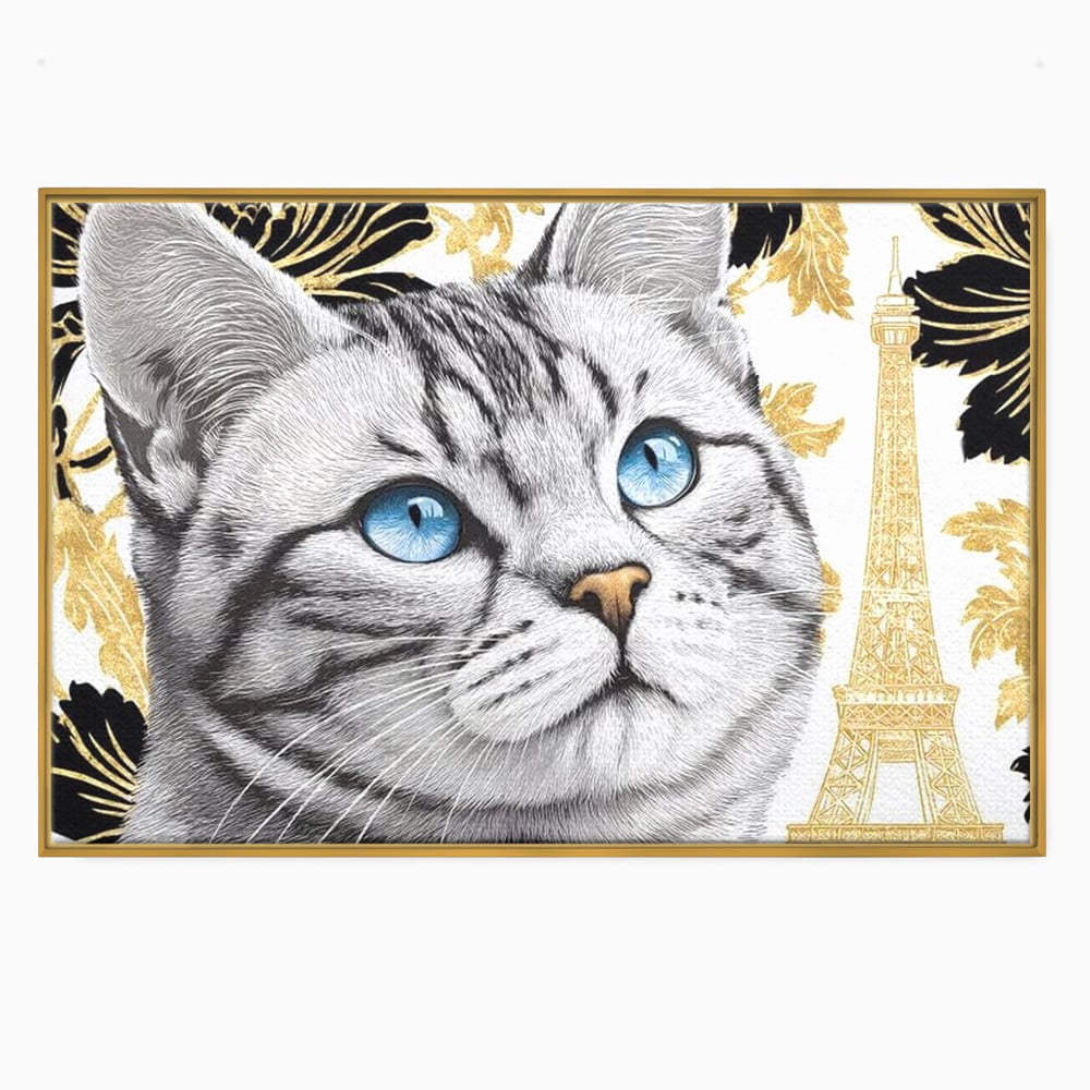 Tablou canvas cu tablou canvas cu pisica si turnul eiffel, in rama de aluminiu auriu